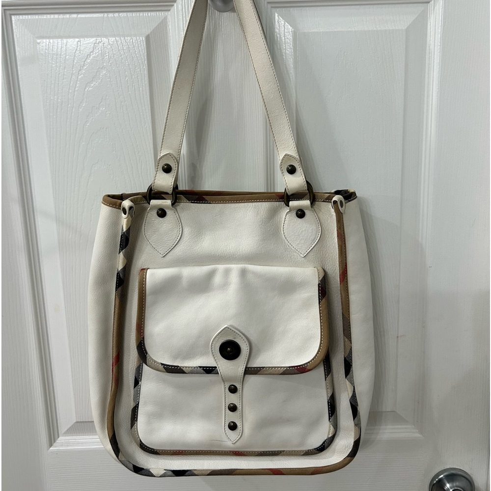 Burberry white leather tote with plaid trim  bag AUTHENTIC CERTIFICATE I…